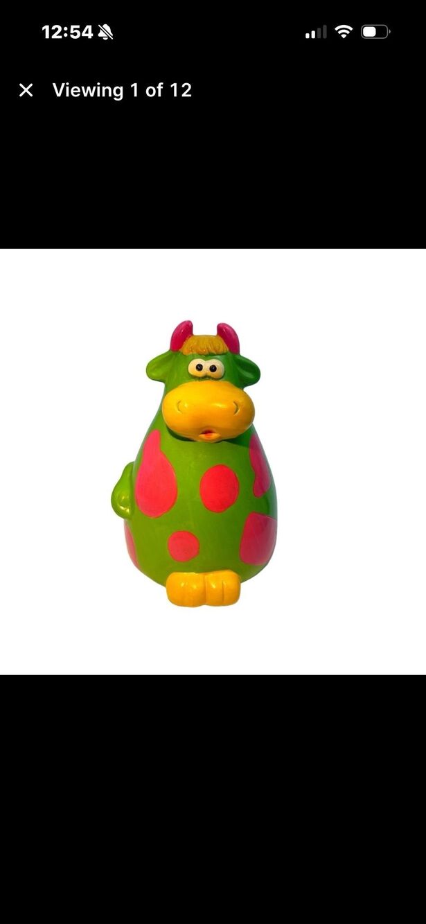 Colorful Green Pink Spotted Cow Figurine Ceramic Coin Bank 5.5” Cartoon Style